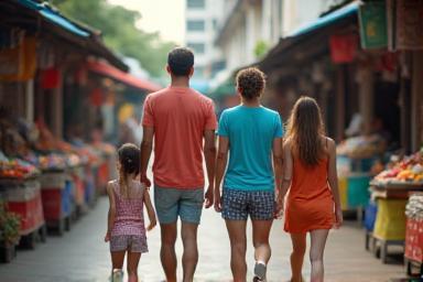 Family exploring a city street
