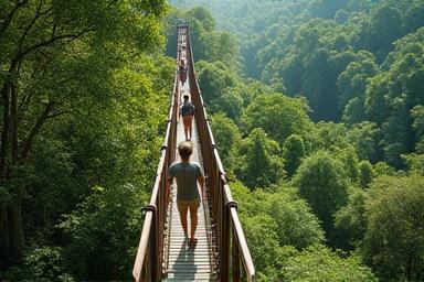 Family walking in a rainforest canopy walkway
